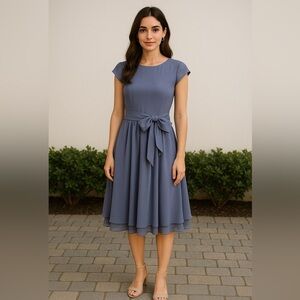 Azazie Bridesmaid Formal Dusty Blue Bow Front Midi Dress No Size Tag